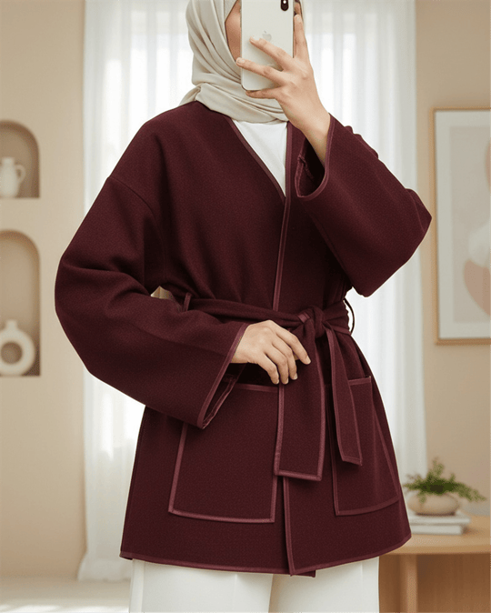 Biye Detaylı Çift Cepli Kuşaklı Kaşe Kimono -Bordo