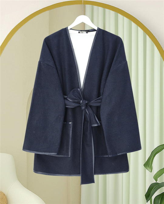 Biye Detaylı Çift Cepli Kuşaklı Kaşe Kimono -Laci