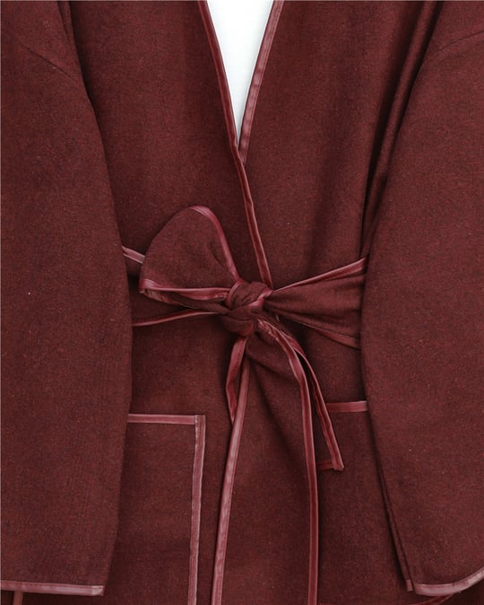 Biye Detaylı Çift Cepli Kuşaklı Kaşe Kimono -Bordo