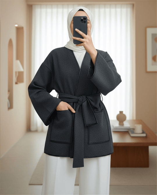 Biye Detaylı Çift Cepli Kuşaklı Kaşe Kimono -Füme