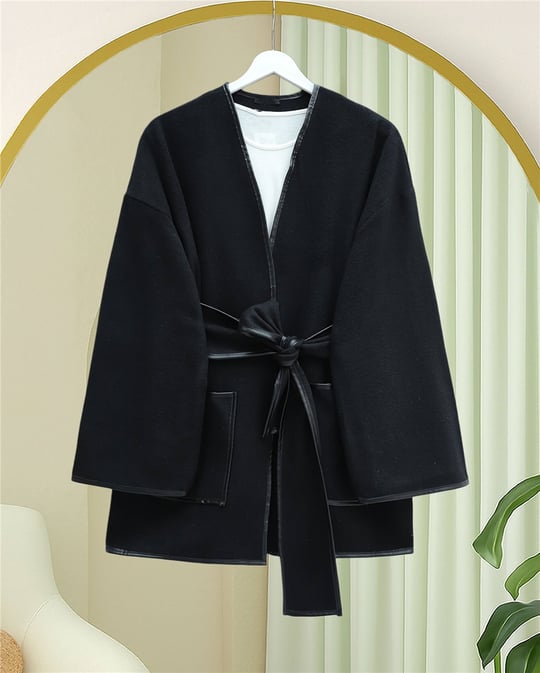 Biye Detaylı Çift Cepli Kuşaklı Kaşe Kimono -Siyah