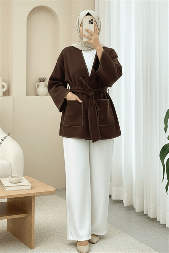 Biye Detaylı Çift Cepli Kuşaklı Kaşe Kimono -Kahve