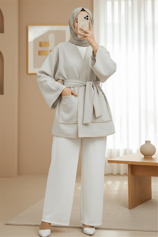 Biye Detaylı Çift Cepli Kuşaklı Kaşe Kimono -Bej