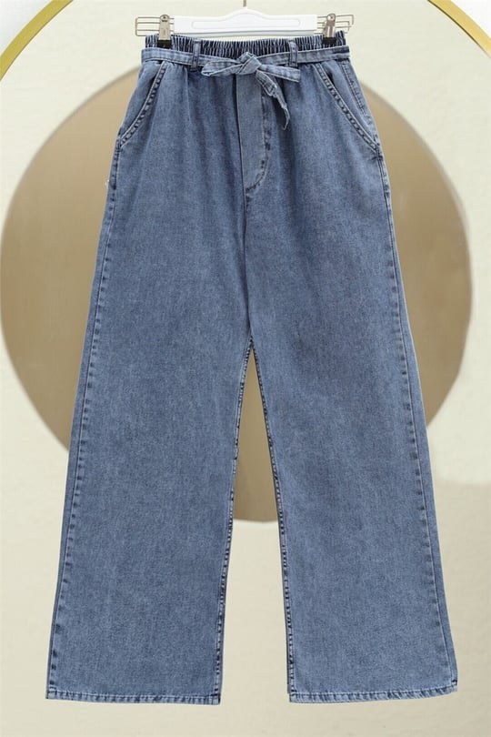 Bol Paça Beli Lastikli Kuşaklı Kot Pantolon -Buz Mavi
