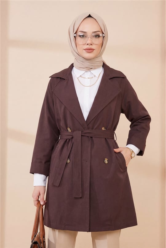 Bolero Detaylı Düğmeli Ara Boy Trençkot -Mürdüm