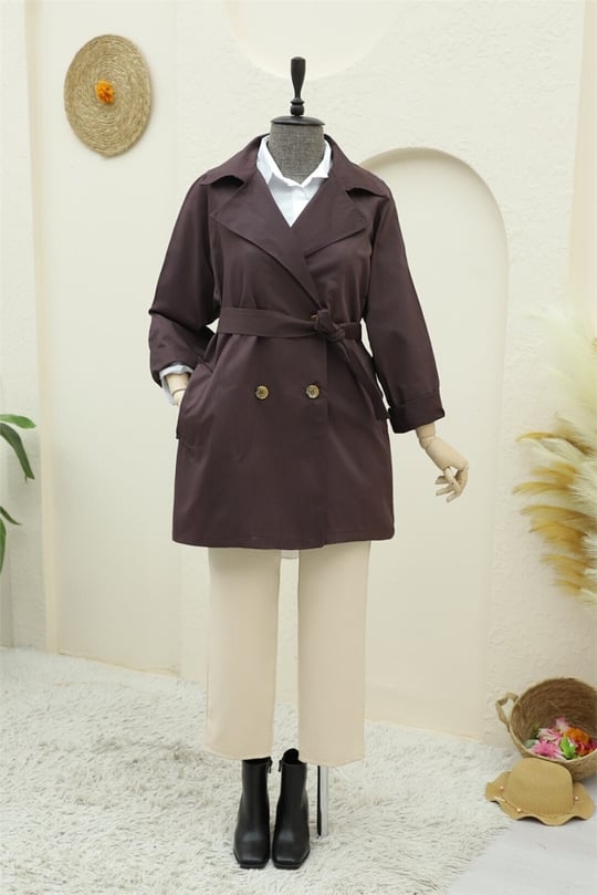 Bolero Detaylı Düğmeli Ara Boy Trençkot -Mürdüm