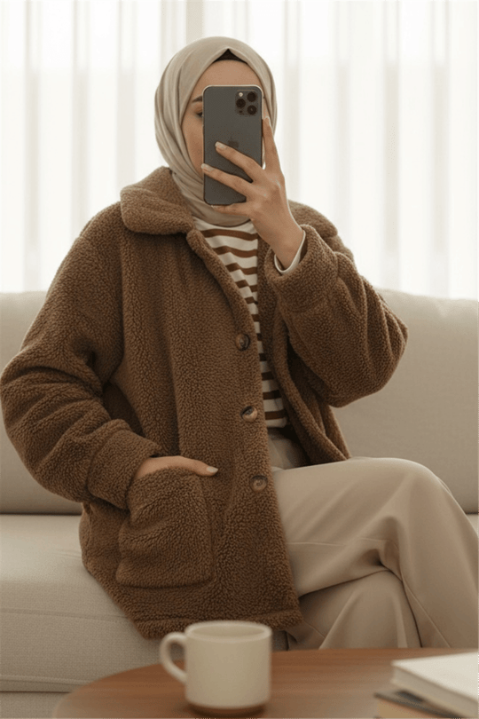 Boydan Düğmeli Cepli Pelüş Ceket    -Taba