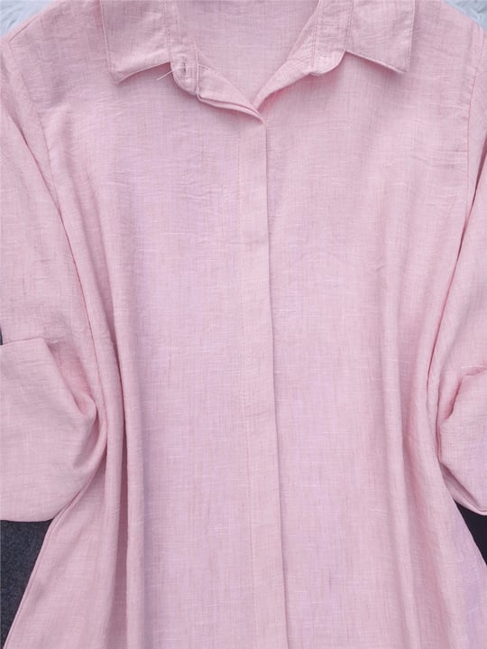 Boydan Gizli Düğmeli Keten Tunik -Pembe