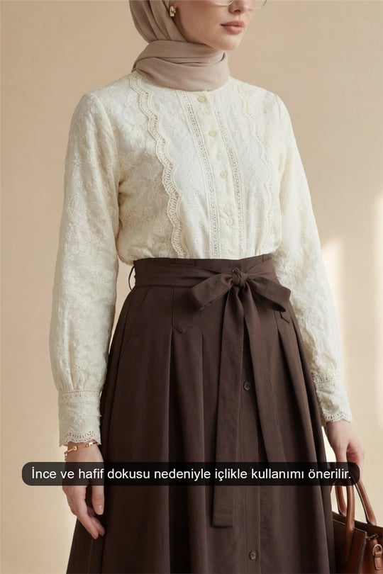 Brode İşlemeli Vintage Gömlek Bluz -Bej