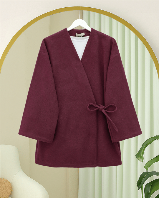 Çapraz Bağlamalı Kaşe Kimono -Bordo