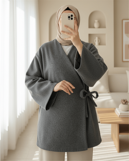 Çapraz Bağlamalı Kaşe Kimono -Füme