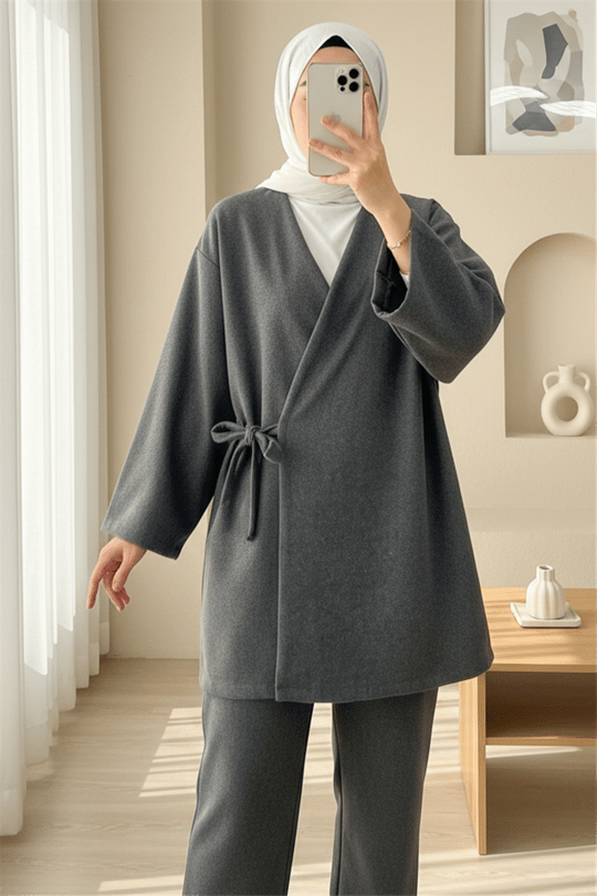 Çapraz Bağlamalı Kaşe Kimono -Füme