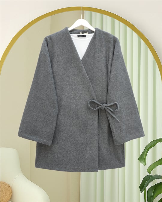 Çapraz Bağlamalı Kaşe Kimono -Füme