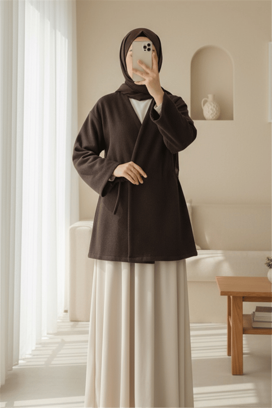 Çapraz Bağlamalı Kaşe Kimono -Kahve