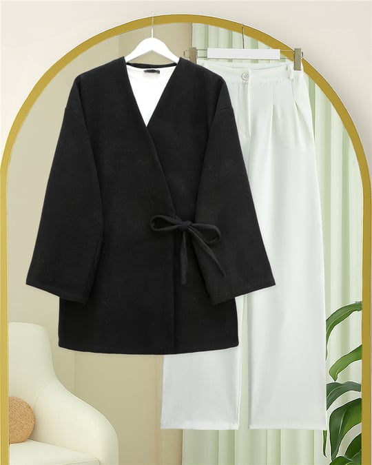 Çapraz Bağlamalı Kaşe Kimono -Siyah