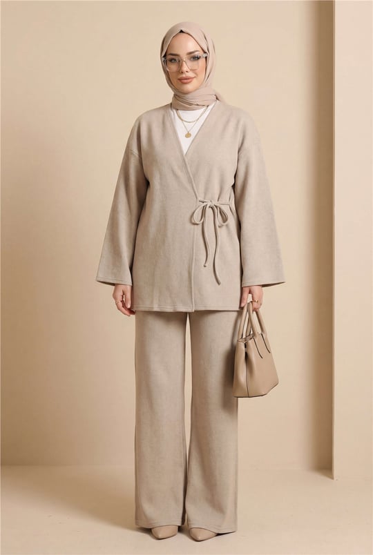 Çapraz Bağlamalı Selanik Kimono Takım -Bej