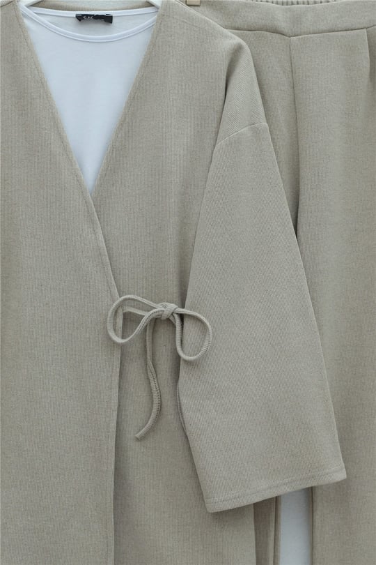Çapraz Bağlamalı Selanik Kimono Takım -Bej