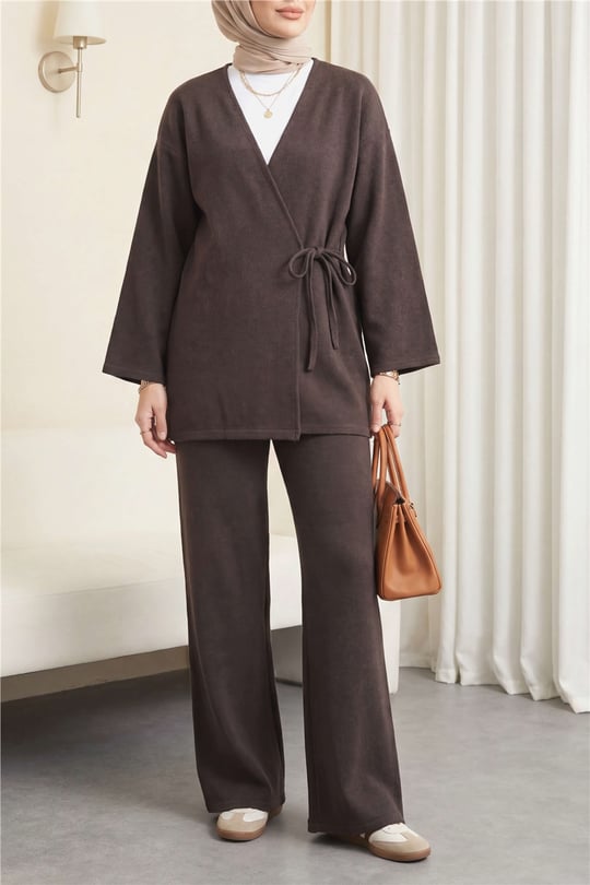 Çapraz Bağlamalı Selanik Kimono Takım -Kahve