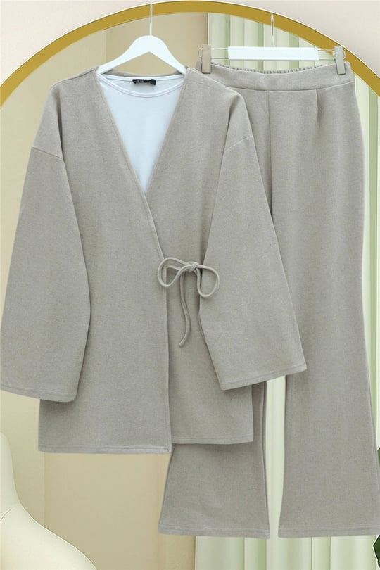 Çapraz Bağlamalı Selanik Kimono Takım -Bej