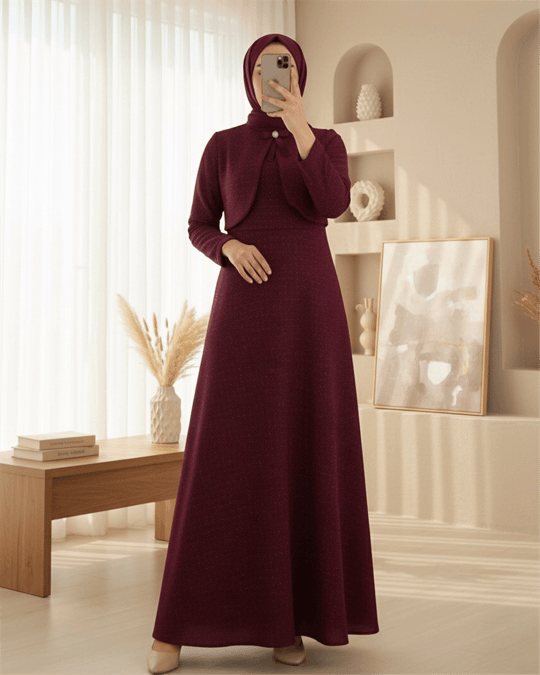 Ceket Detaylı Simli Broşlu Elbise  -Bordo