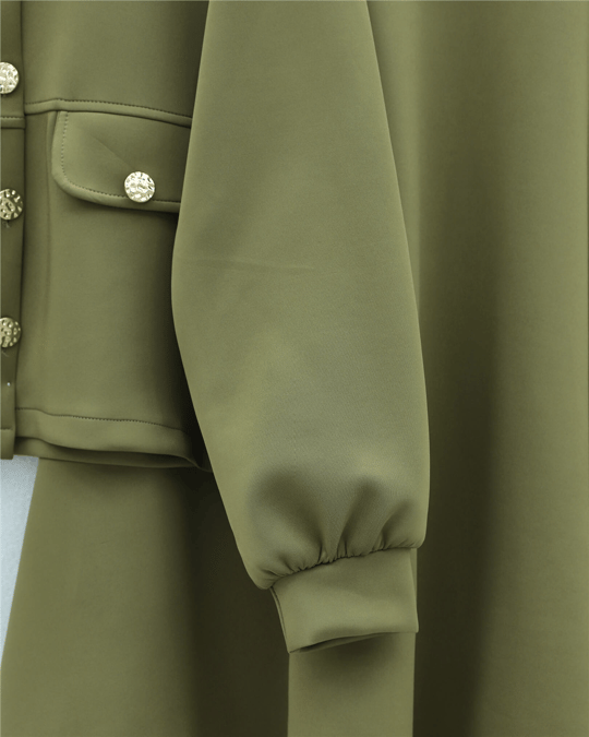 Womens Pocket-Detail Button-Front Skirted Scuba Set - Khaki