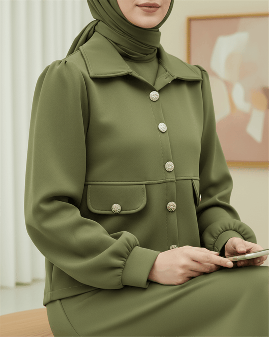 Womens Pocket-Detail Button-Front Skirted Scuba Set - Khaki