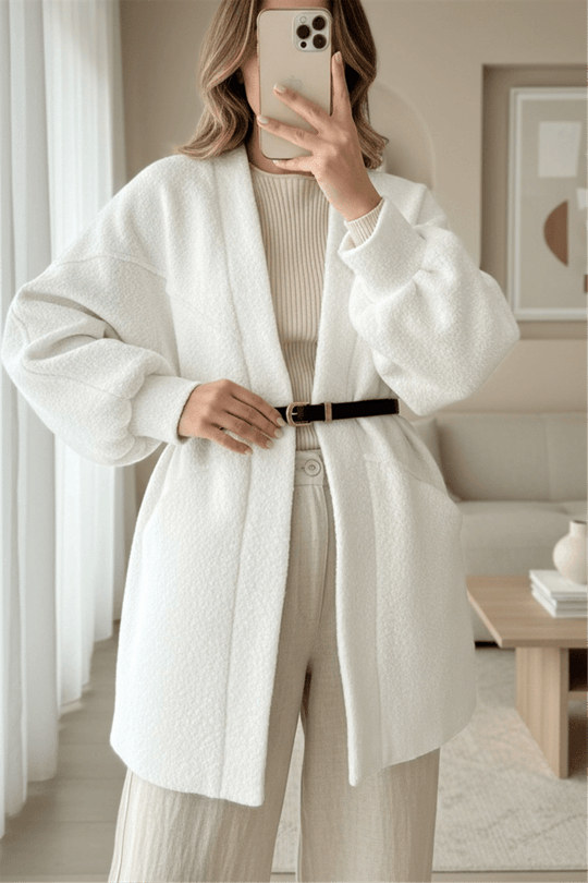 Cepli Balon Kol Oversize Buklet Ceket  -Beyaz