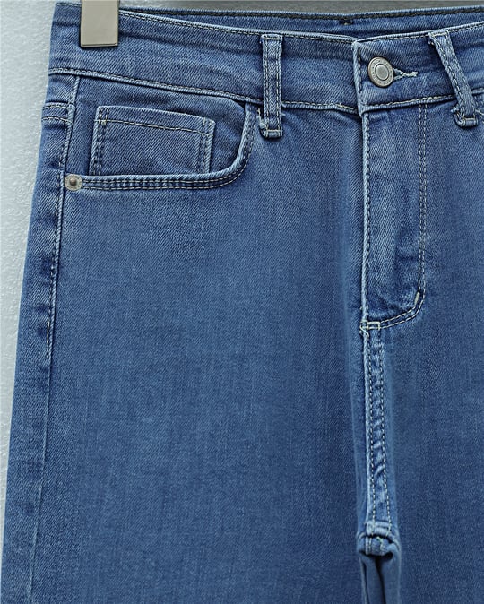 Cepli İspanyol Paça Likralı Fermuarlı Kot Pantolon -Mavi