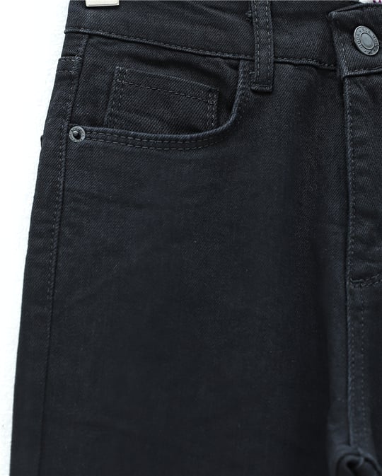 Cepli İspanyol Paça Likralı Fermuarlı Kot Pantolon -Siyah