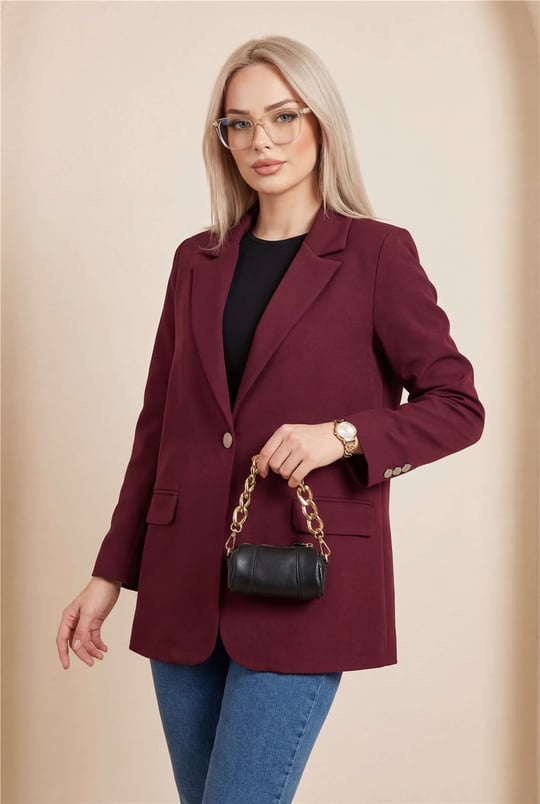 Cepli Tek Düğmeli Likralı Ceket -Bordo