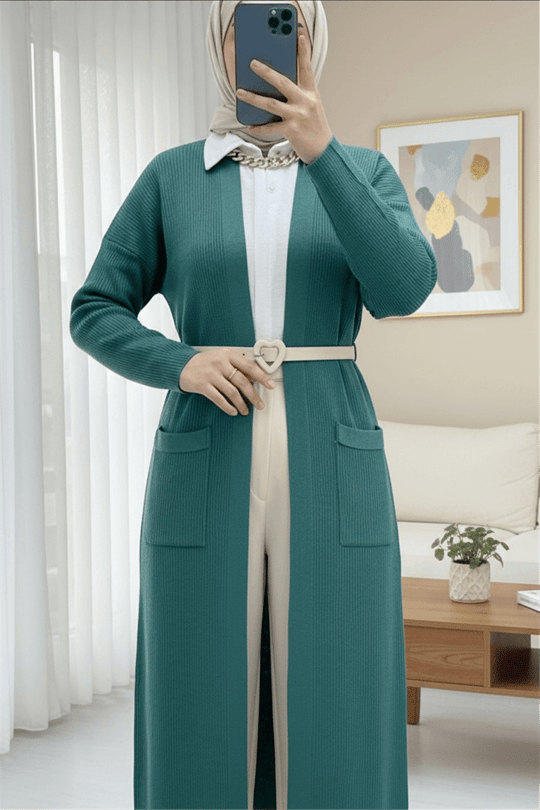 كارديجان طويل محبوك بجيوب وفتحات -نعناعي
