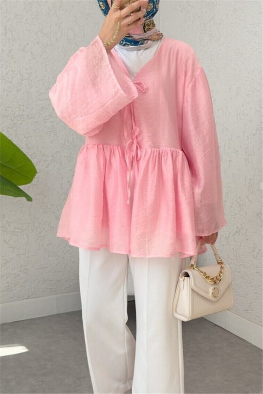 Çift Bağlamalı İçi Astarlı Modal Kimono -Pembe