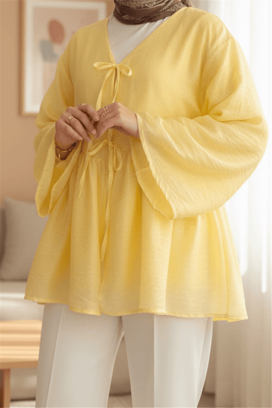 Çift Bağlamalı İçi Astarlı Modal Kimono -Sarı