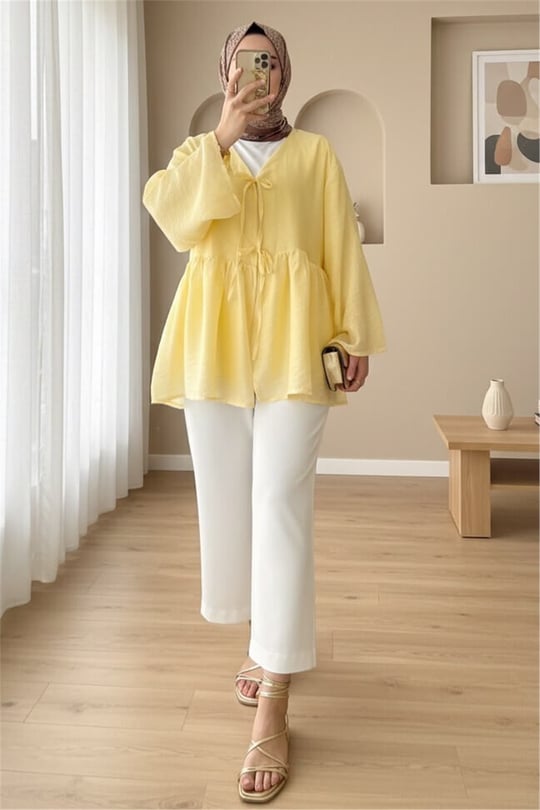 Çift Bağlamalı İçi Astarlı Modal Kimono -Sarı