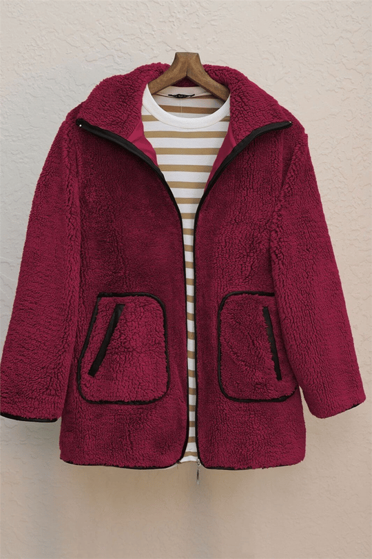 Çift Cepli Fermuarlı Astarlı Peluş Mont  -Bordo