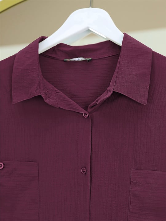 Çift Cepli Oval Kesim Kolu Katlamalı Gömlek Tunik -Bordo