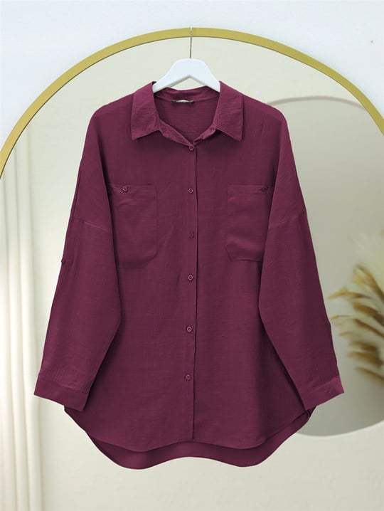Çift Cepli Oval Kesim Kolu Katlamalı Gömlek Tunik -Bordo