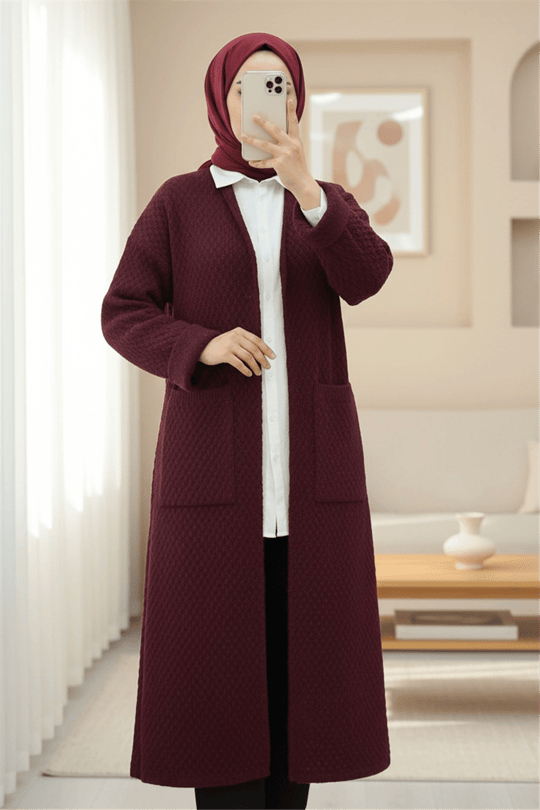 Çift Cepli Uzun Triko Hırka -Bordo