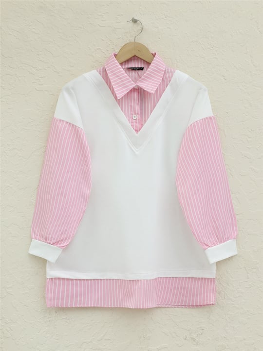 Çizgili Gömlek Detaylı Sweat Tunik -Pembe
