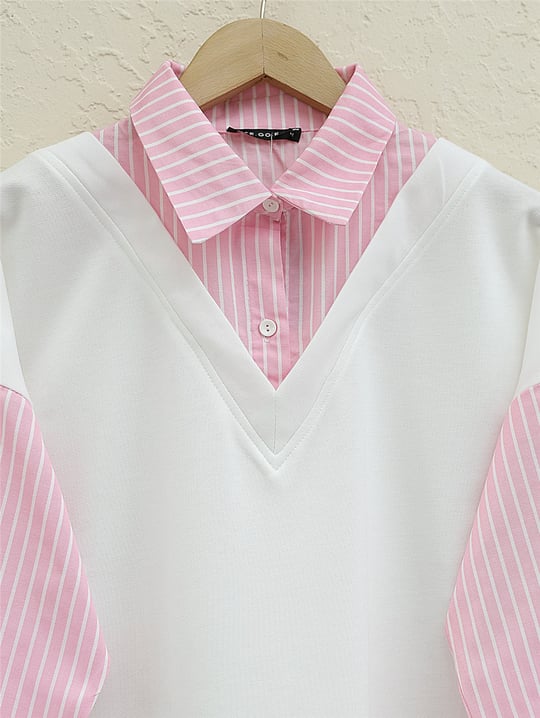 Çizgili Gömlek Detaylı Sweat Tunik -Pembe