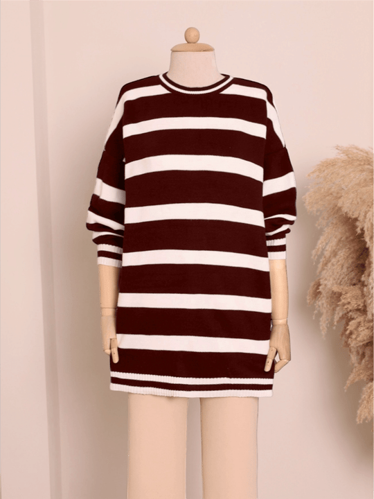 Çizgili Kışlık Tesettür Triko Tunik   -Bordo