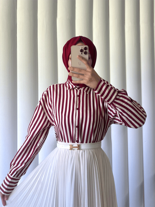 Çizgili Oversize Düğmeli Gömlek -Bordo