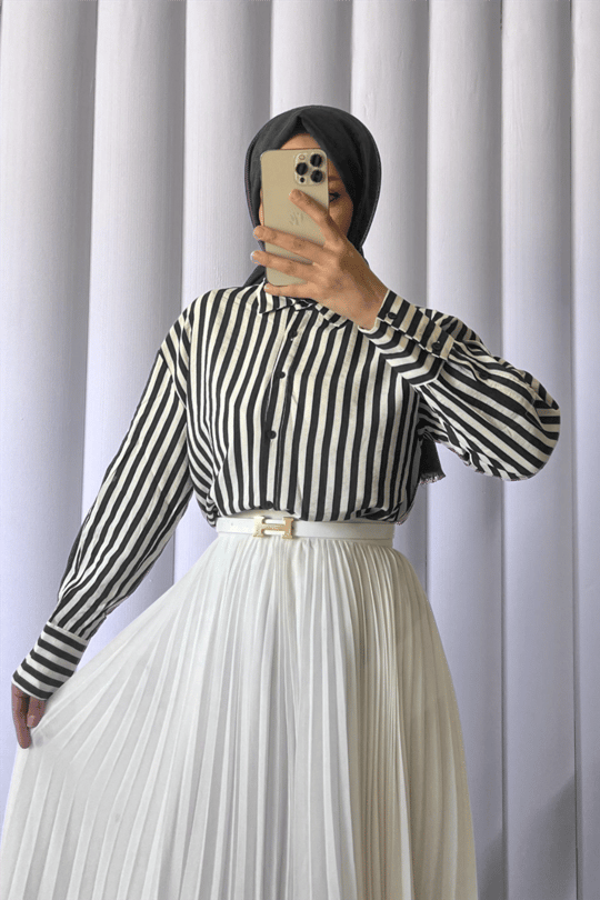 Çizgili Oversize Düğmeli Gömlek -Siyah