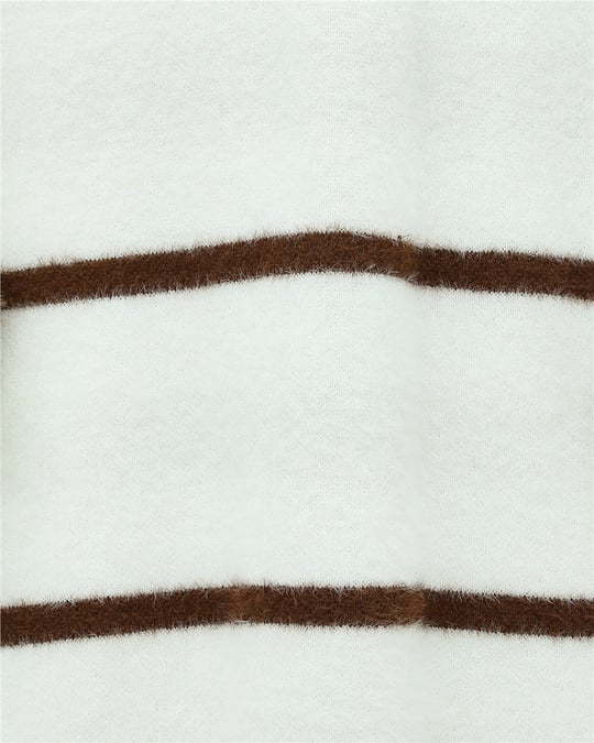 Çizgili Salaş Sakallı Triko Tunik -Beyaz