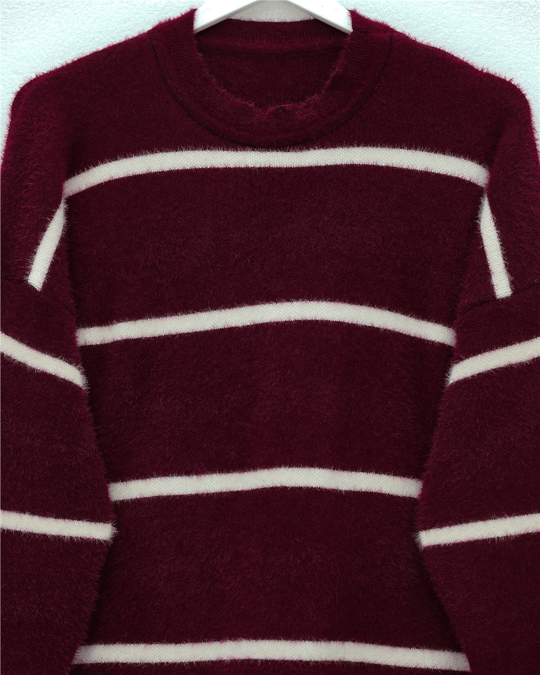 Çizgili Salaş Sakallı Triko Tunik -Bordo