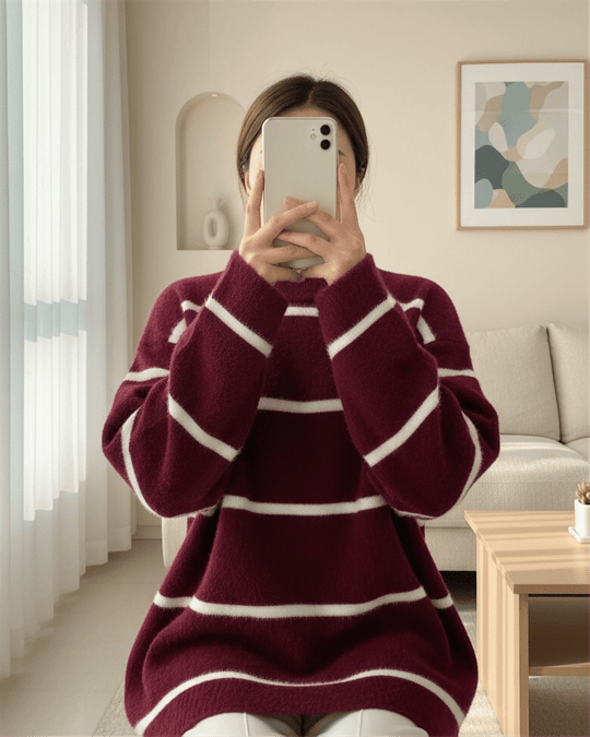 Çizgili Salaş Sakallı Triko Tunik -Bordo