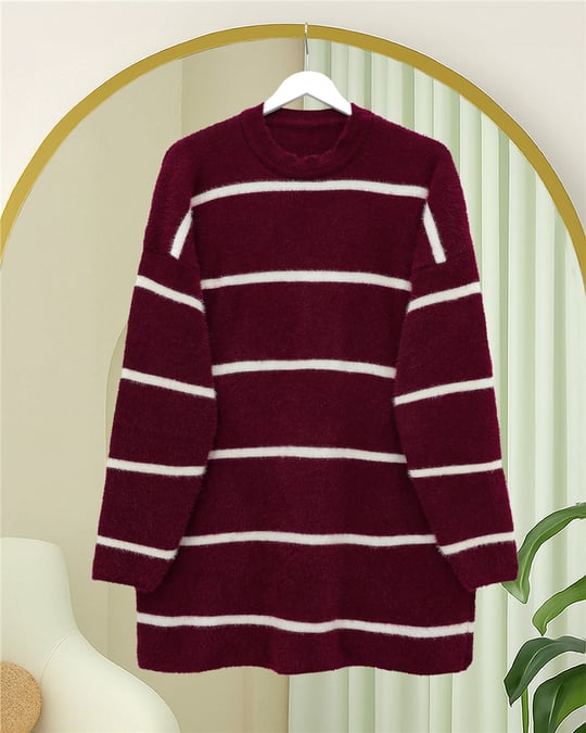 Çizgili Salaş Sakallı Triko Tunik -Bordo