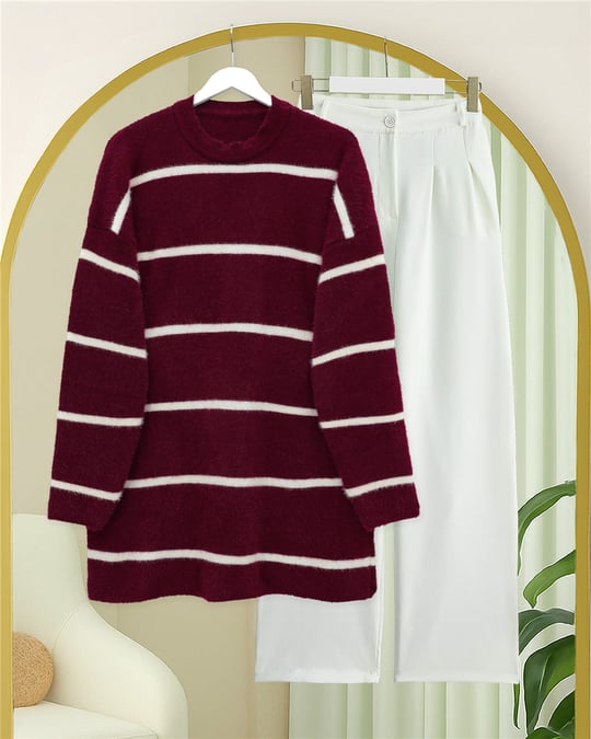 Çizgili Salaş Sakallı Triko Tunik -Bordo