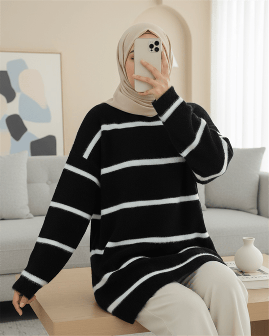 Çizgili Salaş Sakallı Triko Tunik -Siyah