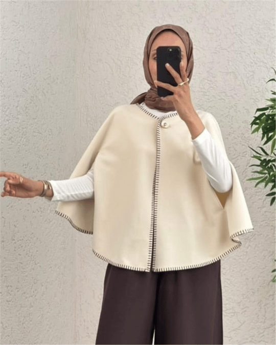Çoban Dikişli Cepli Kaşe Panço -Bej